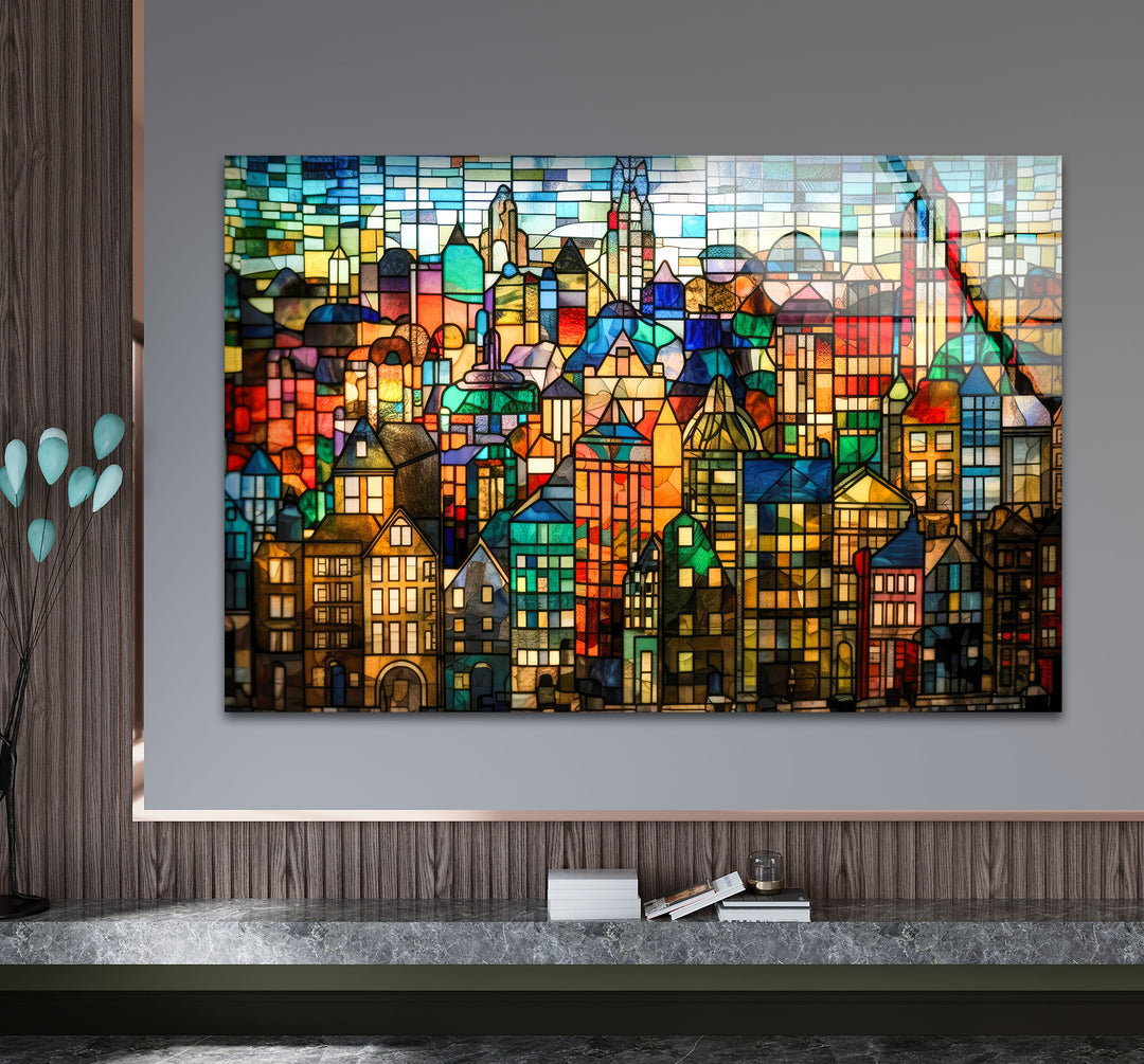 Bunte Stadtwandkunst aus Buntglas – Urban Skyline Glasdruck-Design