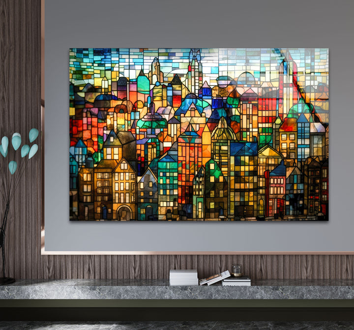 Bunte Stadtwandkunst aus Buntglas – Urban Skyline Glasdruck-Design