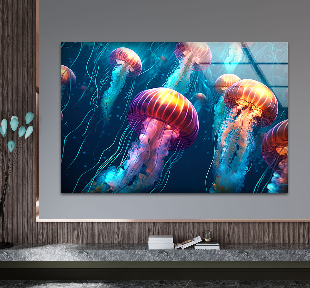 Leuchtende Quallen-Wandkunst – Unterwasser-Ozeanszene-Glasdruck
