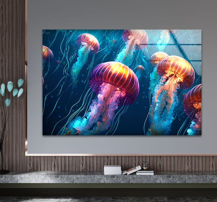 Leuchtende Quallen-Wandkunst – Unterwasser-Ozeanszene-Glasdruck