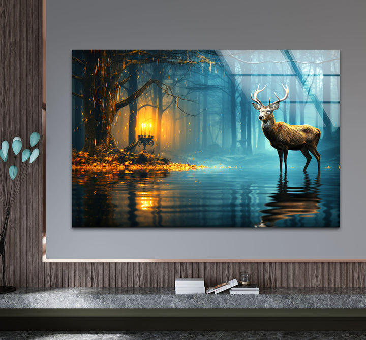Mystische Wald Hirsch Wandkunst – Verzauberte Natur Glasdruck Dekor