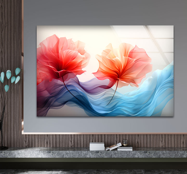 Twin Petal Flow Glass Wall Art – Abstract Floral Beauty in Motion