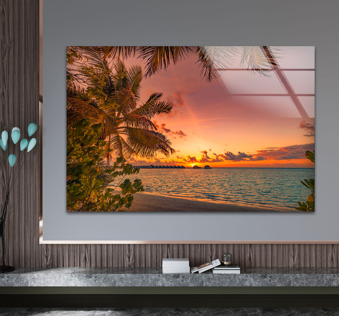 Tropical Sunset Beach Wall Art – Palm Tree Ocean View Glass Print