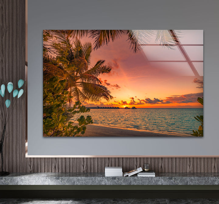 Tropical Sunset Beach Wall Art – Palm Tree Ocean View Glass Print