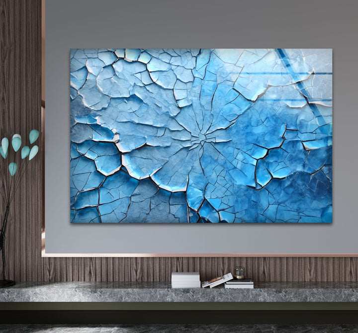 Cracked Ice Abstract Wall Art – Blue Textured Glass Print Design