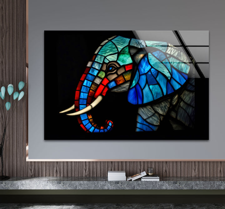 Blaue Elefanten-Wandkunst aus Buntglas – Farbenfrohes Tier-Glasdruck-Design