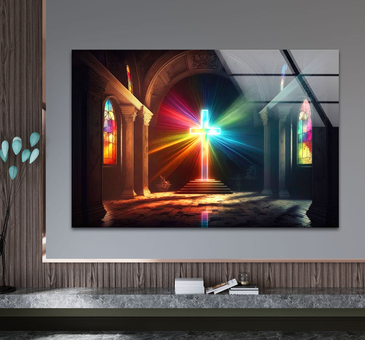 Radiant Cross Wall Art – Colorful Light Burst Christian Glass Print