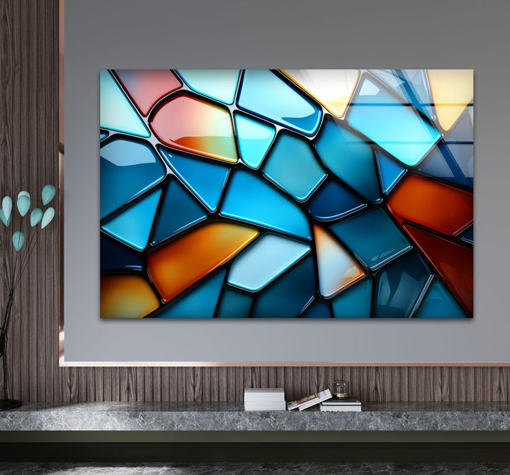 Moderne Wanddekoration aus Buntglas – Abstrakter Musterdruck in Blau und Rot 