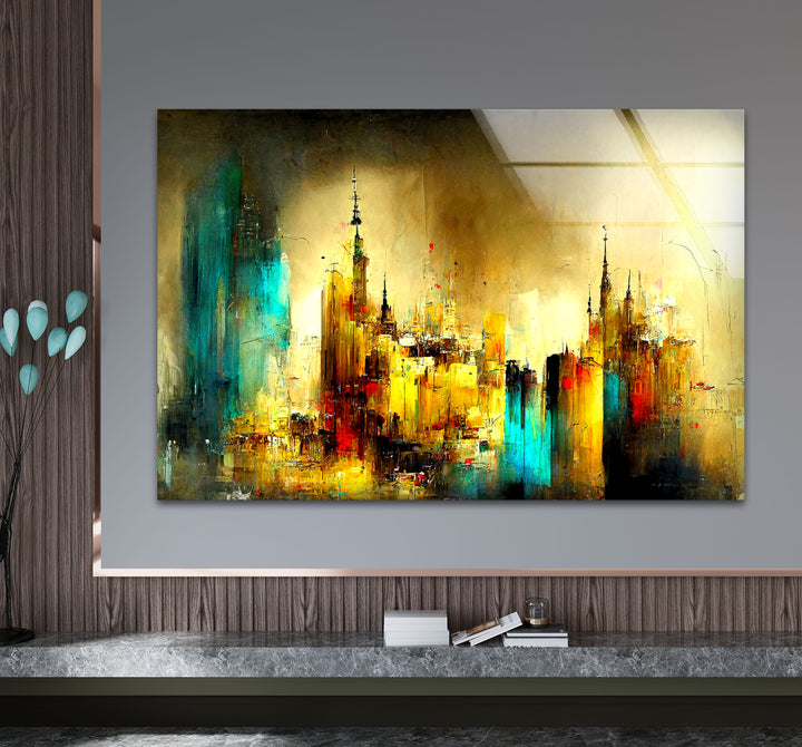 Abstract Cityscape Wall Art – Golden and Teal Urban Glass Print Design