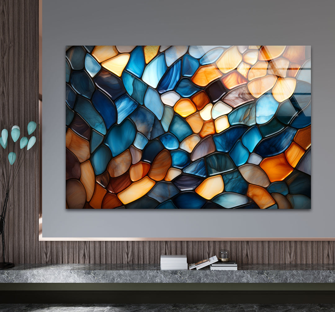 Wandbild mit Buntglasmuster – Abstrakter blauer und bernsteinfarbener Glasdruck 