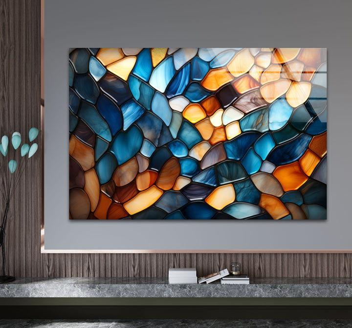 Wandbild mit Buntglasmuster – Abstrakter blauer und bernsteinfarbener Glasdruck 