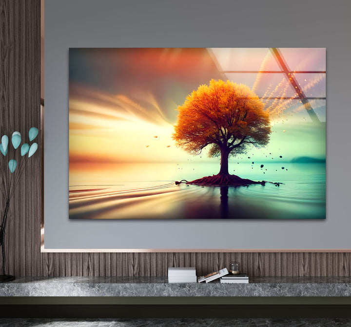Schwebende Herbstbaum-Wandkunst – Ruhiges Landschafts-Glasdruck-Design