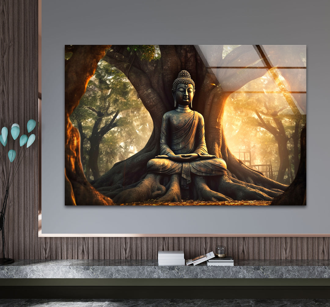 Buddha Under Tree Wall Art – Tranquil Sunrise Meditation Glass Print