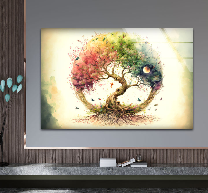 Regenbogen-Baum des Lebens Wandkunst – Wunderliches Aquarell-Glasdruck-Design