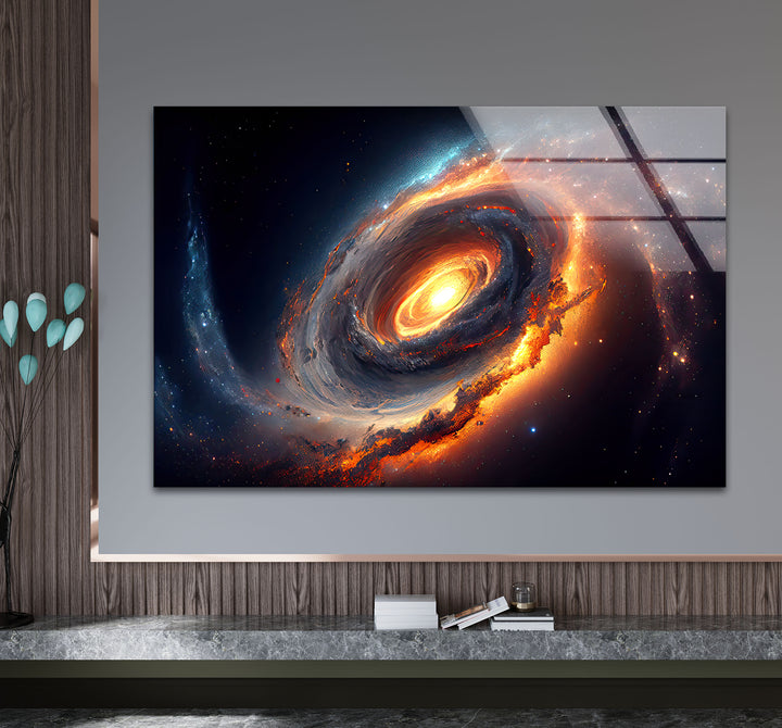Feurige Galaxie-Spiralwandkunst – Glasdruck mit Weltraumnebel 