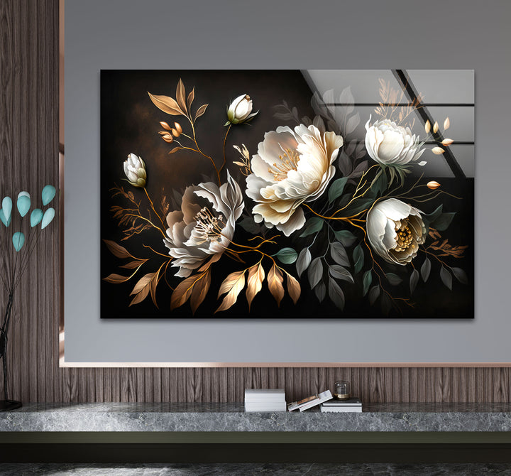 Elegante weiße Pfingstrosen-Wandkunst – Dunkler Blumendruck auf Glas mit goldenen Akzenten