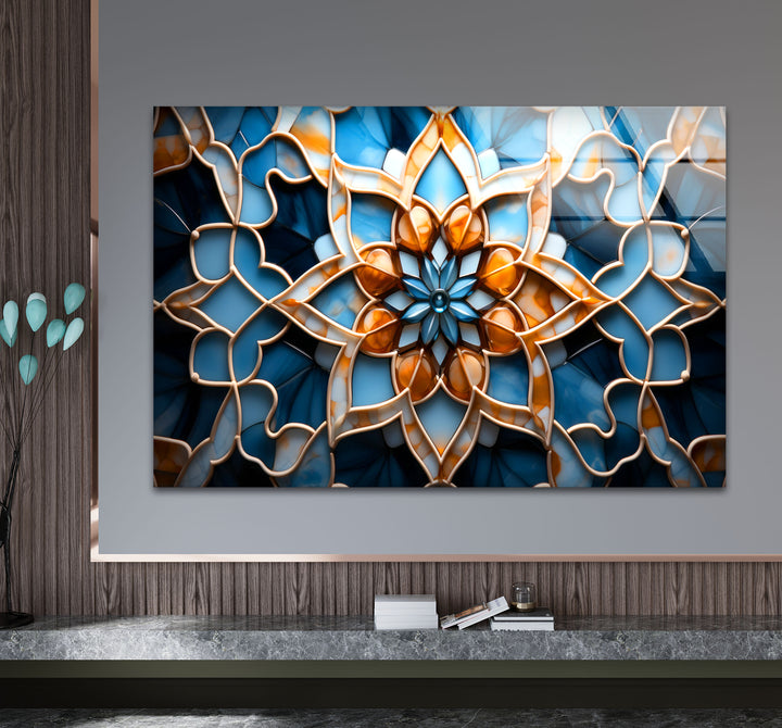 Blue & Amber Geometric Wall Art – Islamic Mandala Glass Print for Modern Interiors