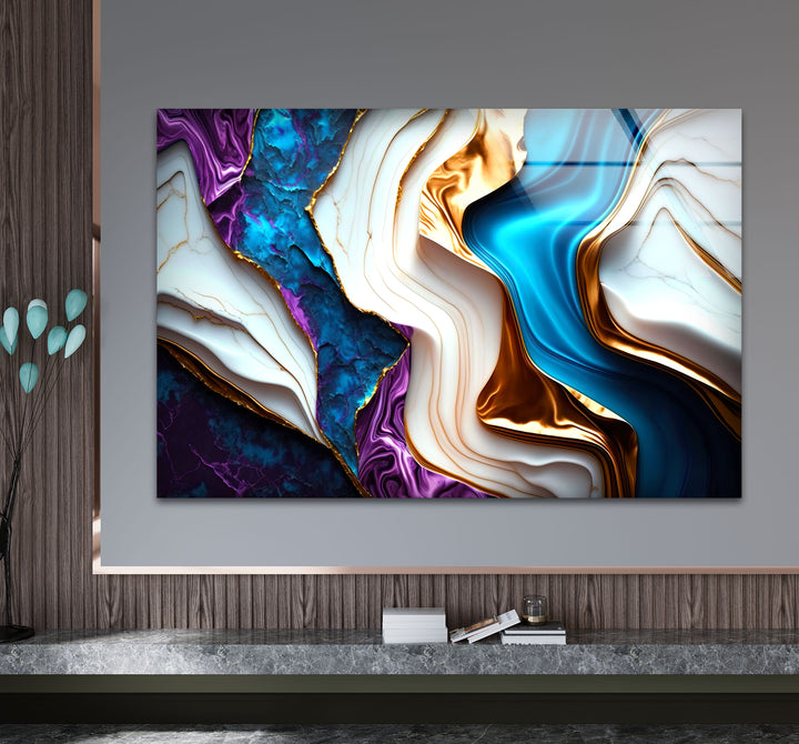 Colorful Marble Abstract Wall Art – Blue, Purple & Gold Glass Print Design