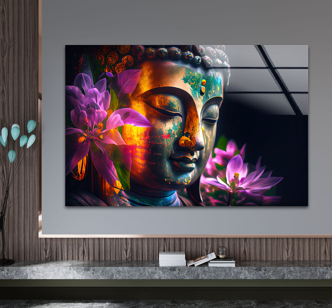 Colorful Buddha Wall Art – Floral Enlightenment Glass Print