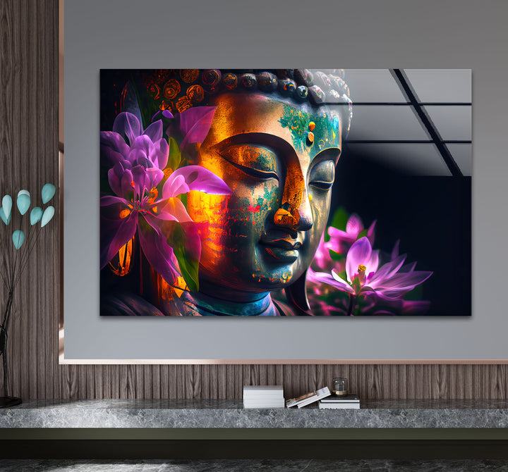 Colorful Buddha Wall Art – Floral Enlightenment Glass Print