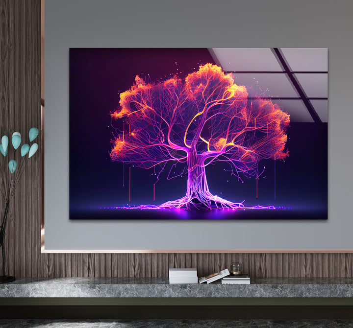 Neon Digital Tree Wandkunst – Futuristischer leuchtender Lichtnetzwerk-Glasdruck