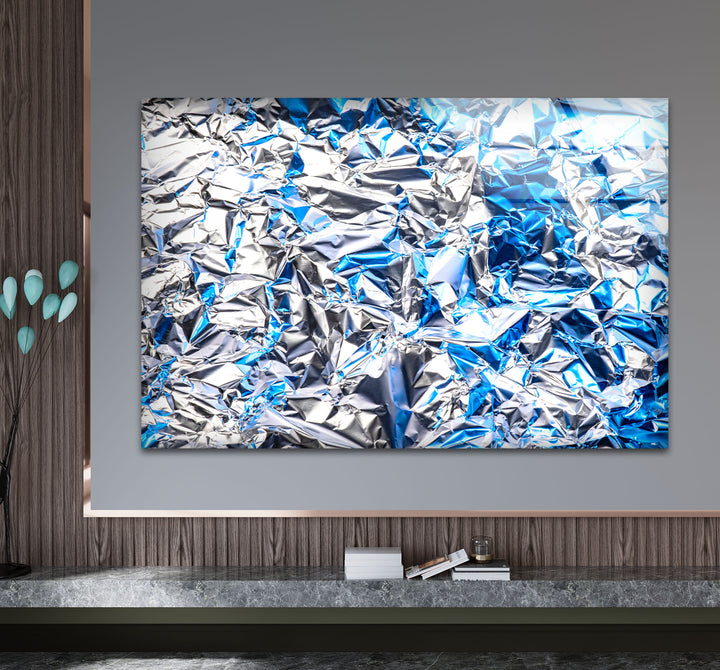 Crinkled Silver Foil Wall Art – Abstract Metallic Texture Glass Print