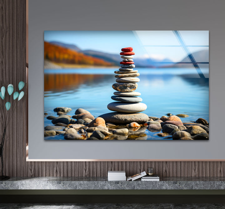 Stacked Stones Glass Wall Art – Tranquil Lake Balance Scene