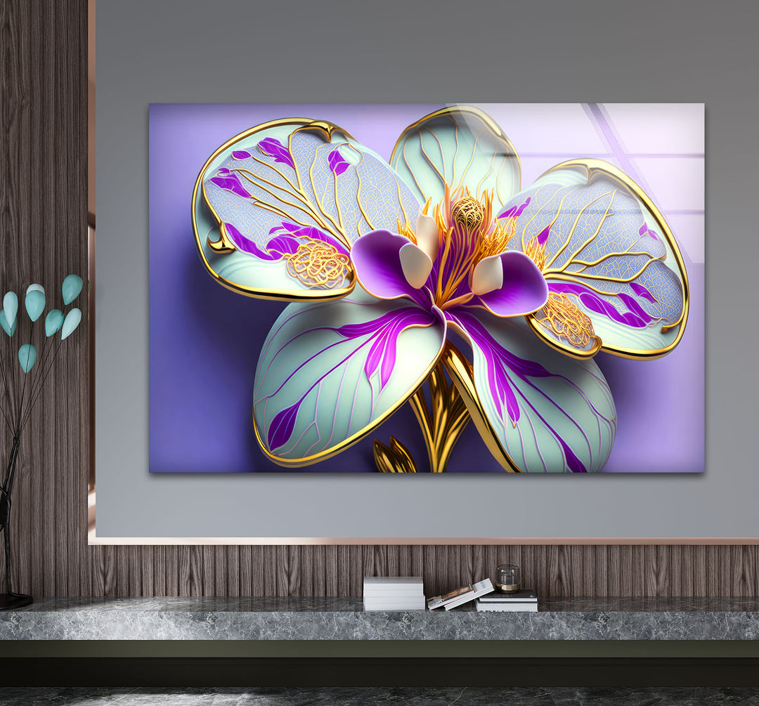 Luxuriöse Wandkunst mit Orchideenblüte – Lila- und Goldblumen-Glasdruck