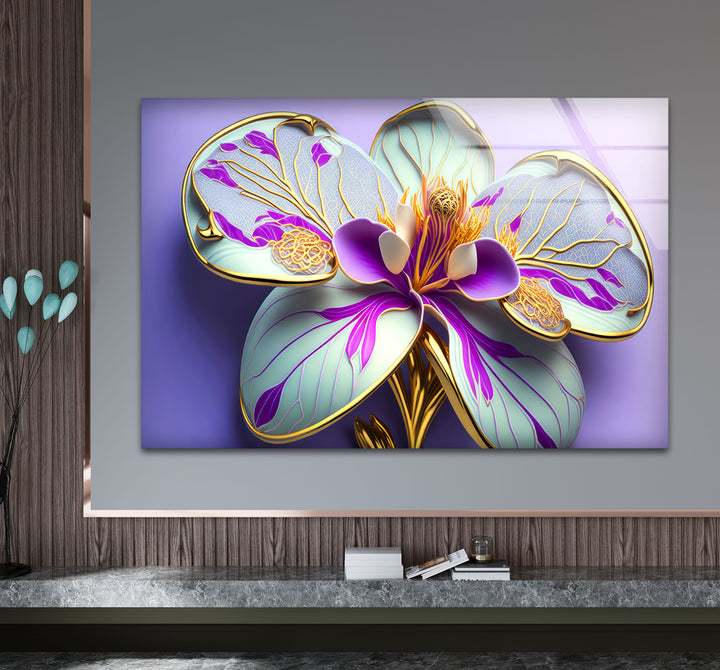 Luxuriöse Wandkunst mit Orchideenblüte – Lila- und Goldblumen-Glasdruck