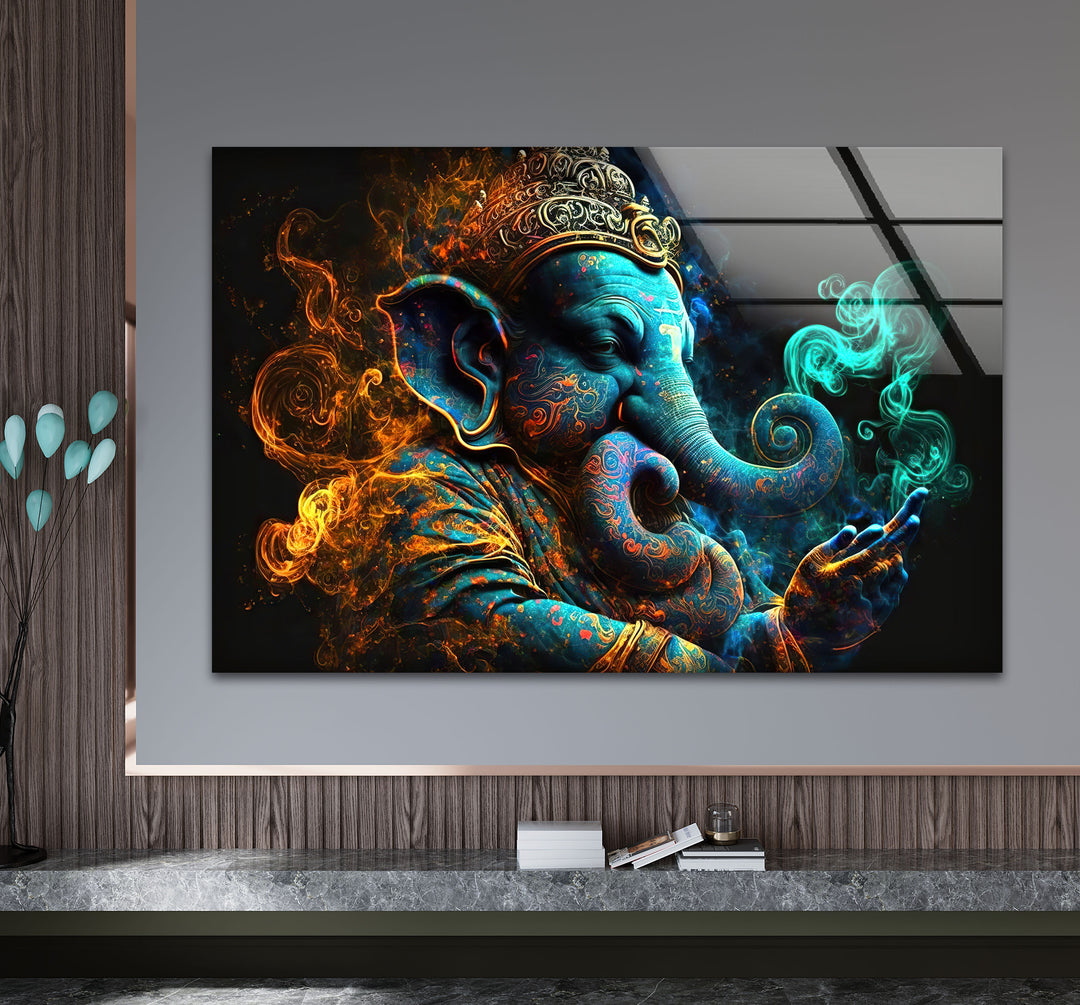 Spiritual Ganesha Wall Art – Vibrant Hindu Deity Glass Print Decor