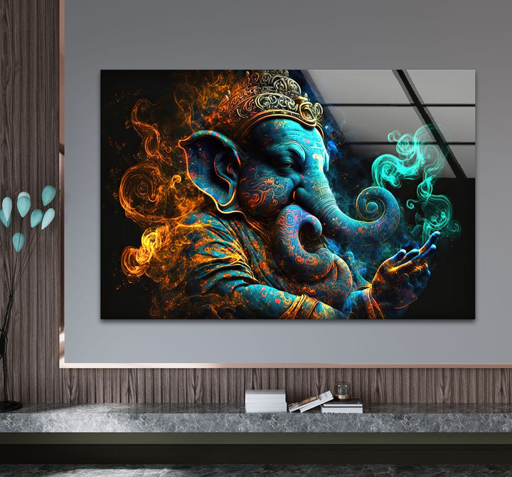 Spiritual Ganesha Wall Art – Vibrant Hindu Deity Glass Print Decor