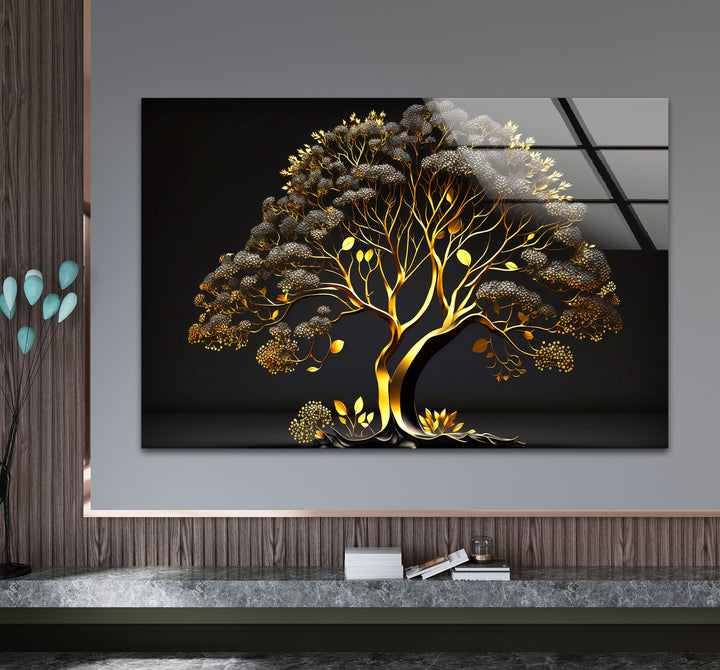 Golden Tree Wandkunst – Luxuriöses Gold- und Schwarz-Natur-Glasdruckdesign