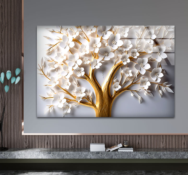 Golden Blooming Tree Wandkunst – Weißer Blumenglasdruck für elegantes Dekor