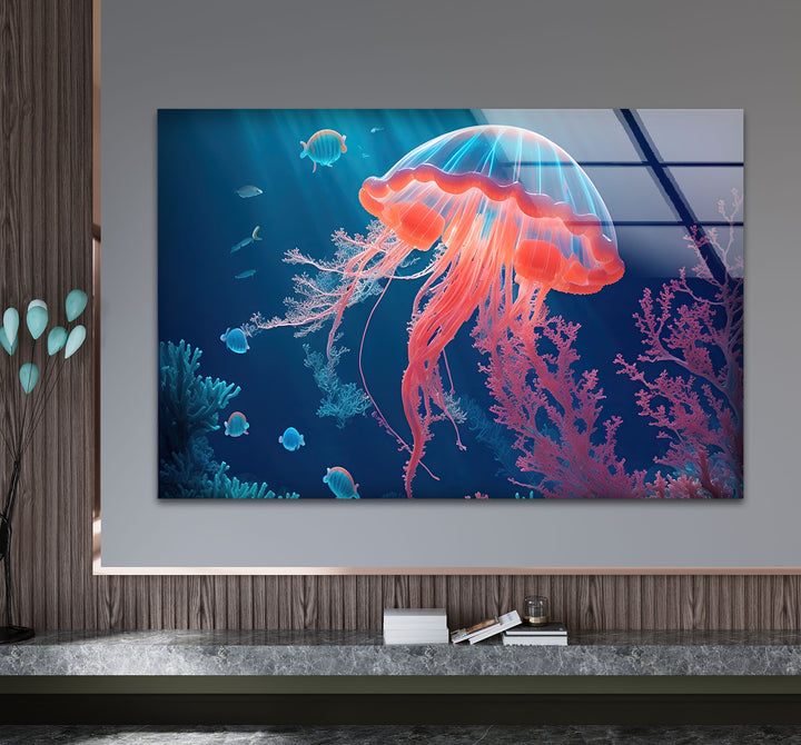 Neon Quallen Wandkunst – Unterwasser Ozean Szene Glas Druck Dekor