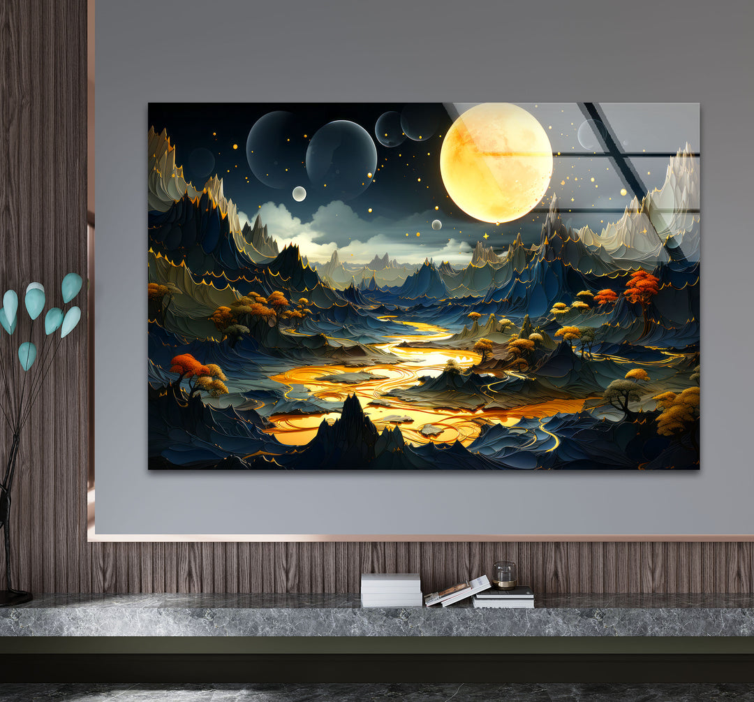 Fantasy Moonlit Landscape Wall Art – Surreal Glass Print with Golden River