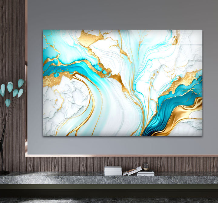 Wandkunst aus blauem und goldenem Marmor – Eleganter, fließender abstrakter Glasdruck