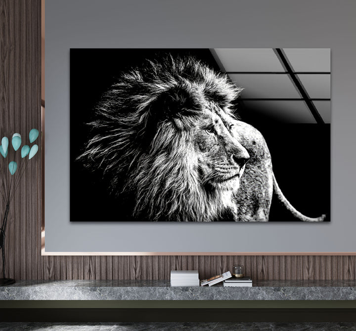 Black and White Lion Wall Art – Majestic Wildlife Glass Print Design