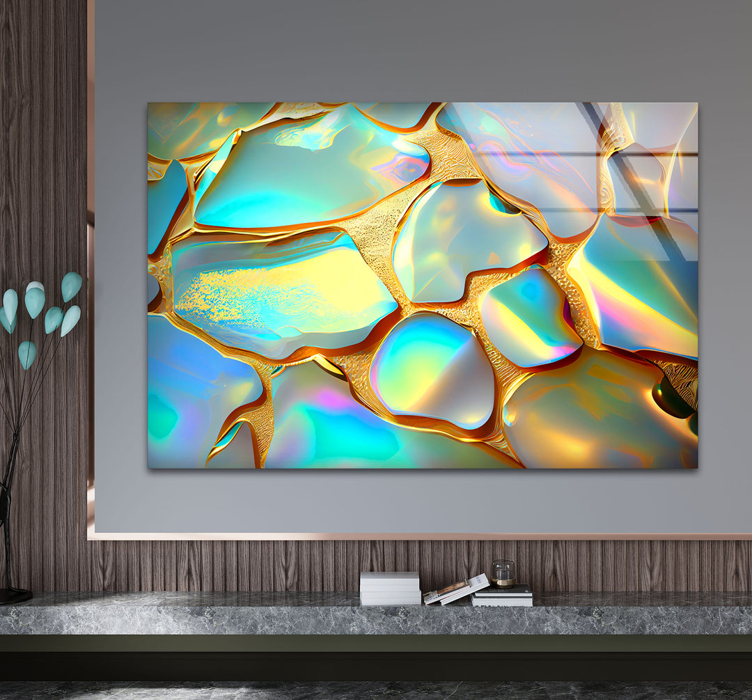 Iridescent Abstract Wall Art – Gold and Rainbow Glass Print Design