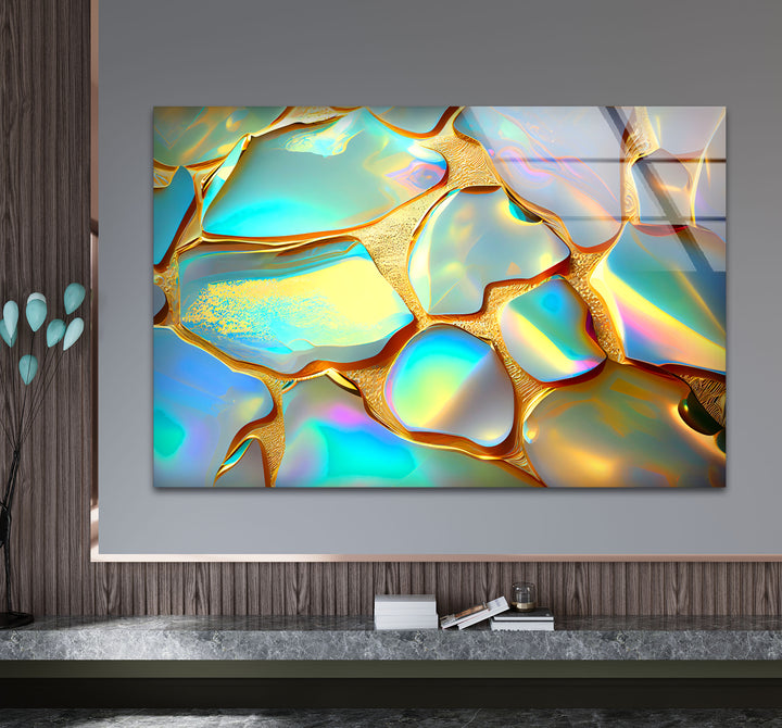 Iridescent Abstract Wall Art – Gold and Rainbow Glass Print Design