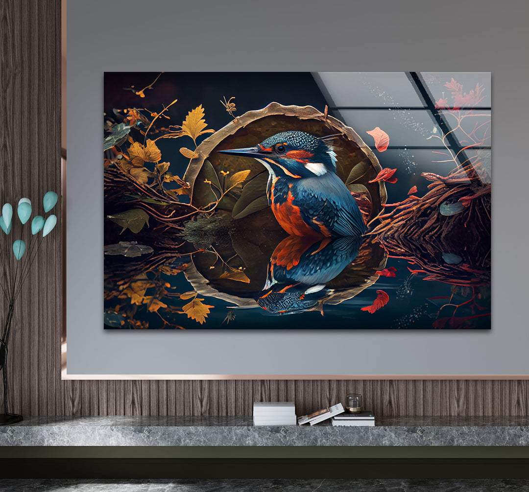 Eisvogel-Reflexion Wandkunst – Herbstwaldvogel-Glasdruck-Design
