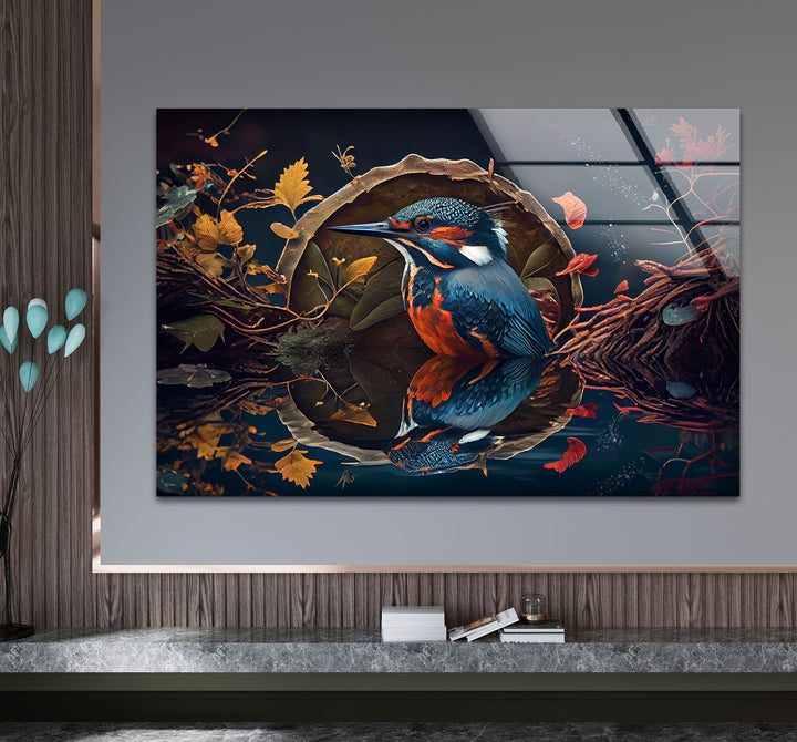 Eisvogel-Reflexion Wandkunst – Herbstwaldvogel-Glasdruck-Design