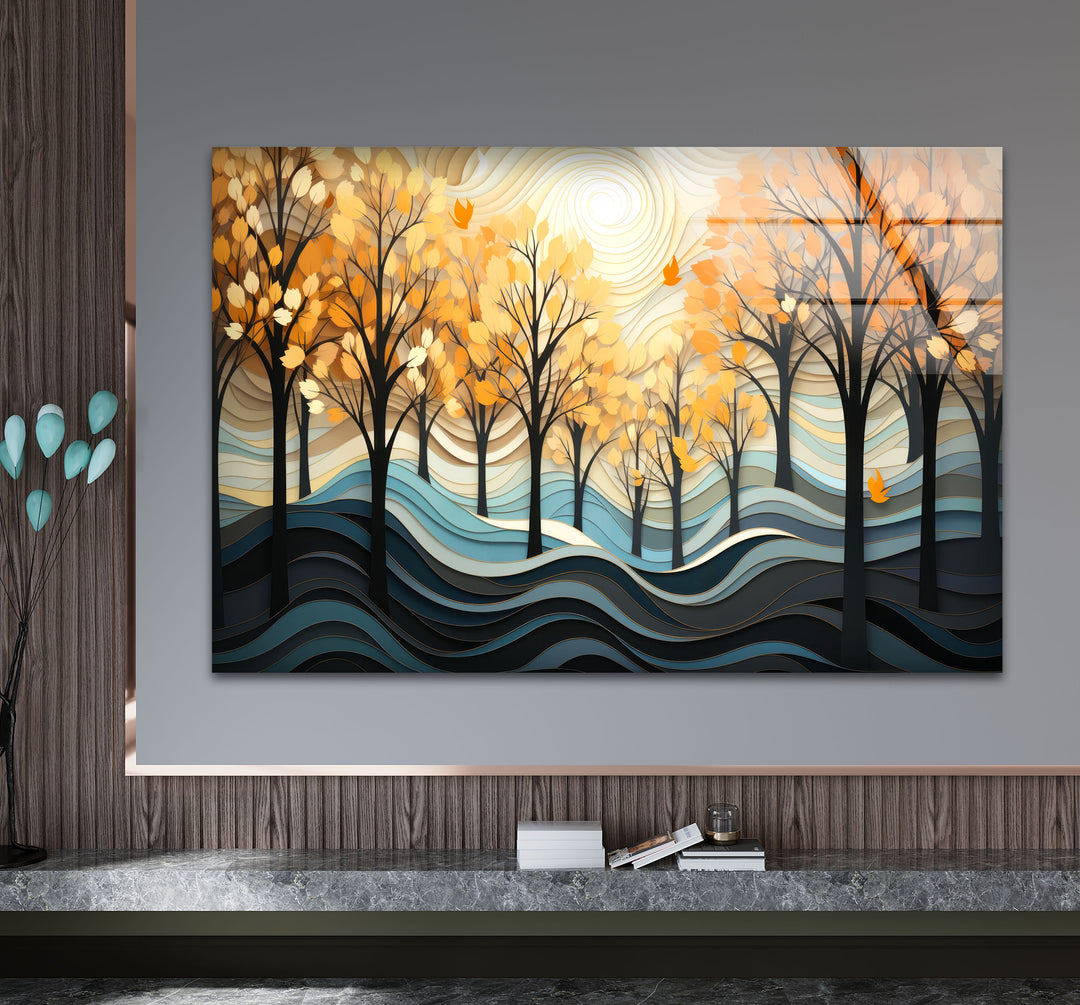Golden Forest Glass Wall Art – Autumn Trees Abstract Landscape Decor