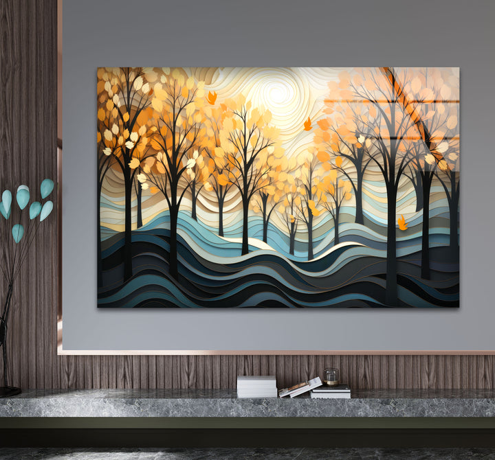Golden Forest Glass Wall Art – Autumn Trees Abstract Landscape Decor