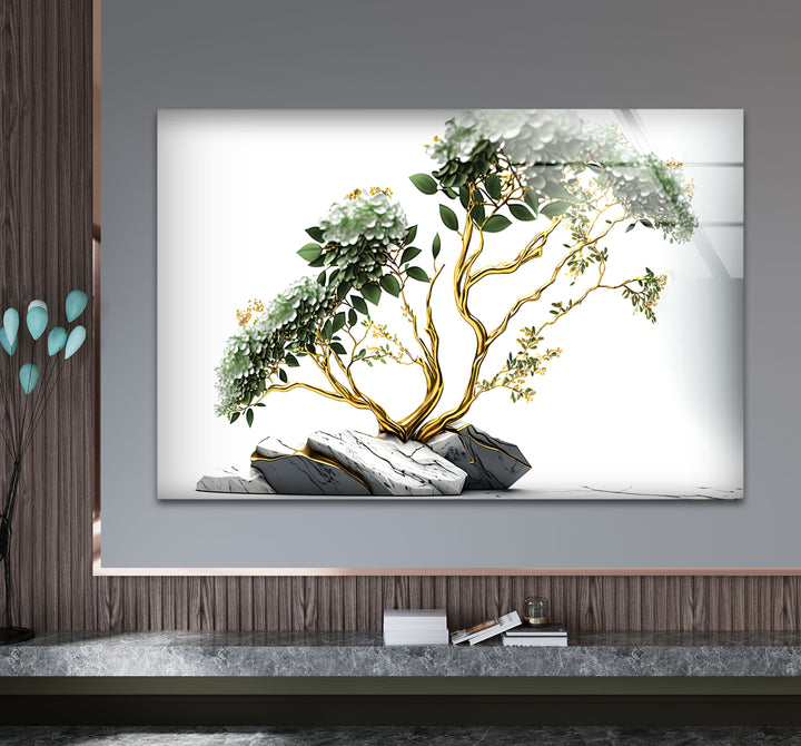 Goldene Bonsai-Baum-Wandkunst – Weißer Blumenglasdruck mit Marmorsteinen