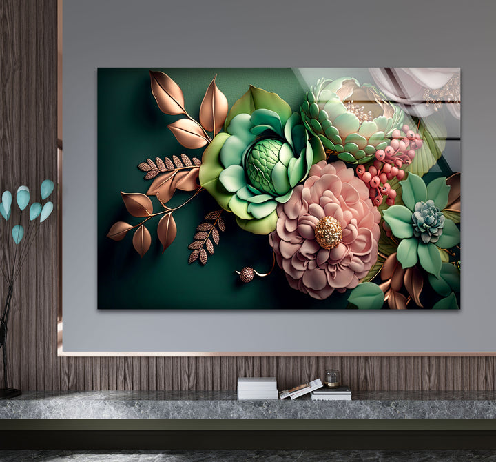 Grüne botanische Wandkunst – 3D-Blumendruck auf Glas mit goldenen und rötlichen Akzenten