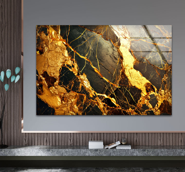 Gold Marble Abstract Wall Art – Luxury Black and Gold Glass Print Design