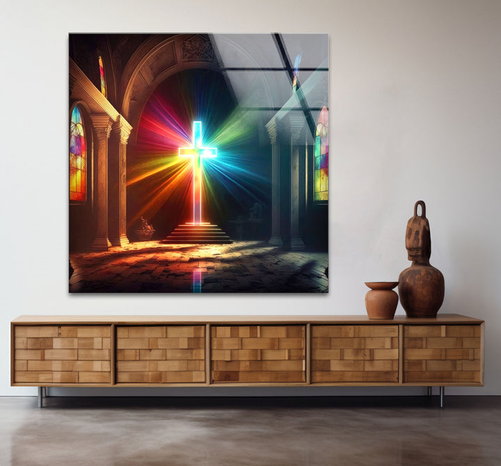 Radiant Cross Wall Art – Colorful Light Burst Christian Glass Print