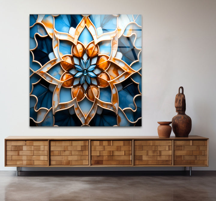 Blue & Amber Geometric Wall Art – Islamic Mandala Glass Print for Modern Interiors