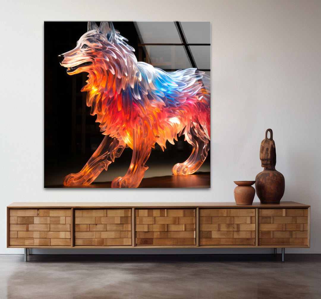 Glowing Wolf Wall Art – Abstract Fiery Glass Sculpture Print Design