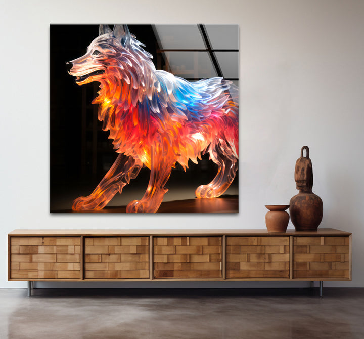 Glowing Wolf Wall Art – Abstract Fiery Glass Sculpture Print Design
